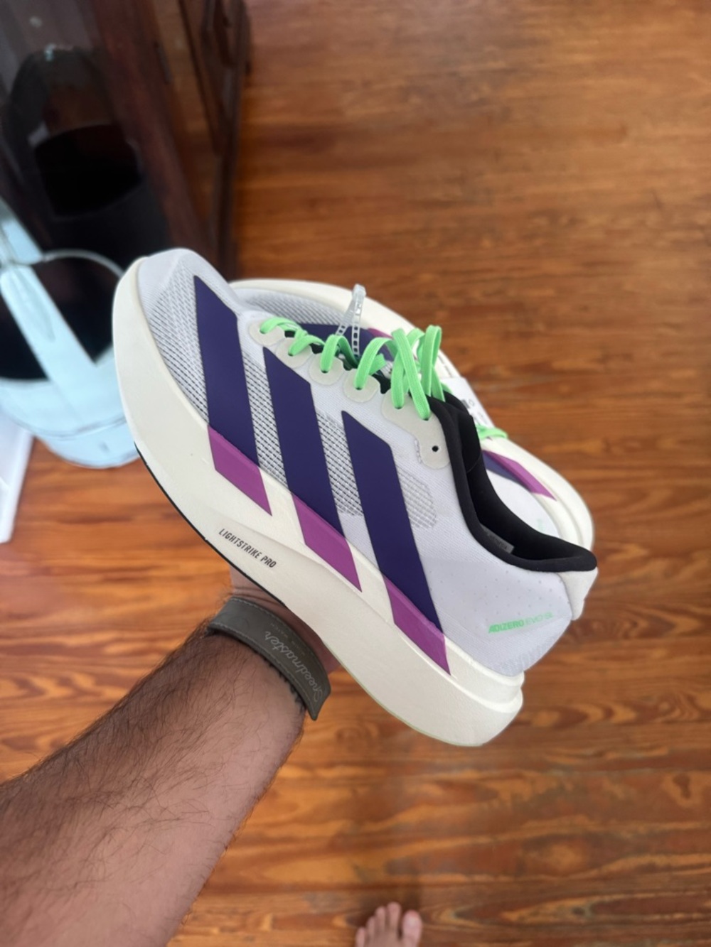 adidas adizero EVO SL White Purple Pink Athletic Shoes with Green Laces
